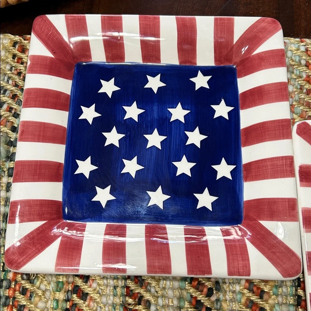 World Bazaars Inc Ceramic Hand Painted Red White Blue Plates Two Piece Bundle